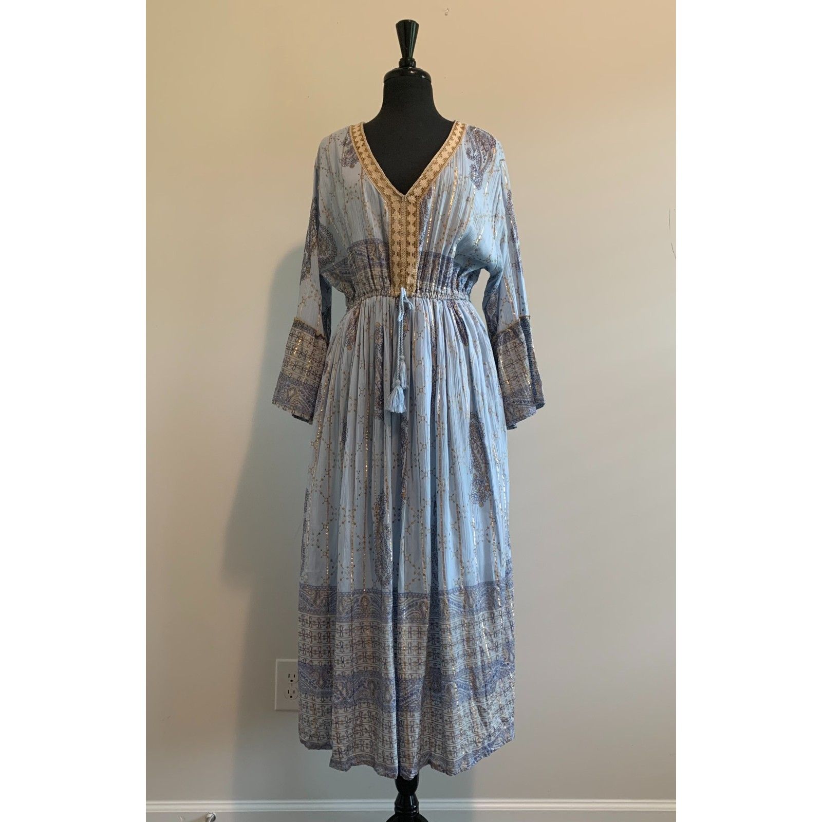 Refined Threads Blue Gold Metallic Thread Boho Cottage Women's Maxi Dress 2x